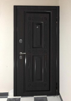 Входная дверь черного цвета в интерьере в классическом стиле, вид снаружи с темной отделкой