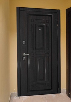 Входная дверь черного цвета в интерьере в современном стиле, вид снаружи с темной отделкой