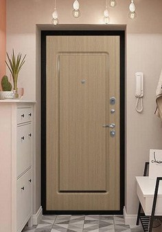 Входная дверь черного цвета в интерьере в стиле арт-деко, вид внутри со светлой отделкой