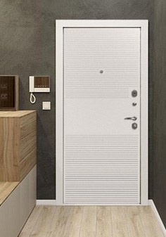 Входная дверь черного цвета в интерьере в стиле минимализм, вид внутри со светлой отделкой