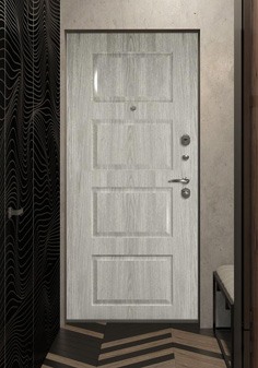 Входная дверь черного цвета в интерьере в стиле техно, вид внутри со светлой отделкой