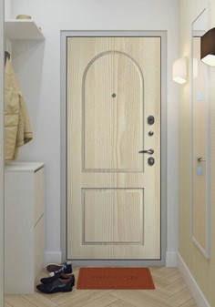 Входная дверь черного цвета в светлом интерьере, вид внутри со светлой отделкой