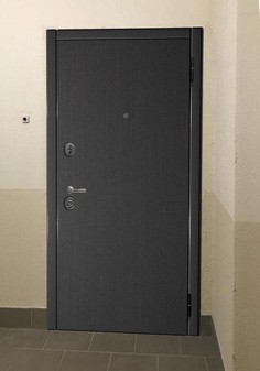 Входная дверь черного цвета в темном интерьере, вид снаружи с темной отделкой