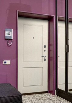 Входная дверь черного цвета в ярком интерьере, вид внутри со светлой отделкой