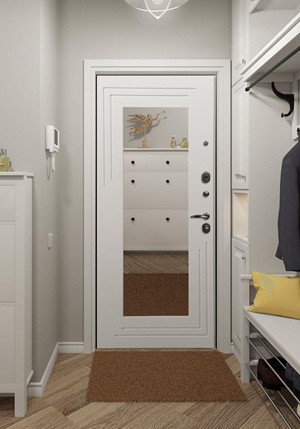 Входная дверь с зеркалом в интерьере в скандинавском стиле